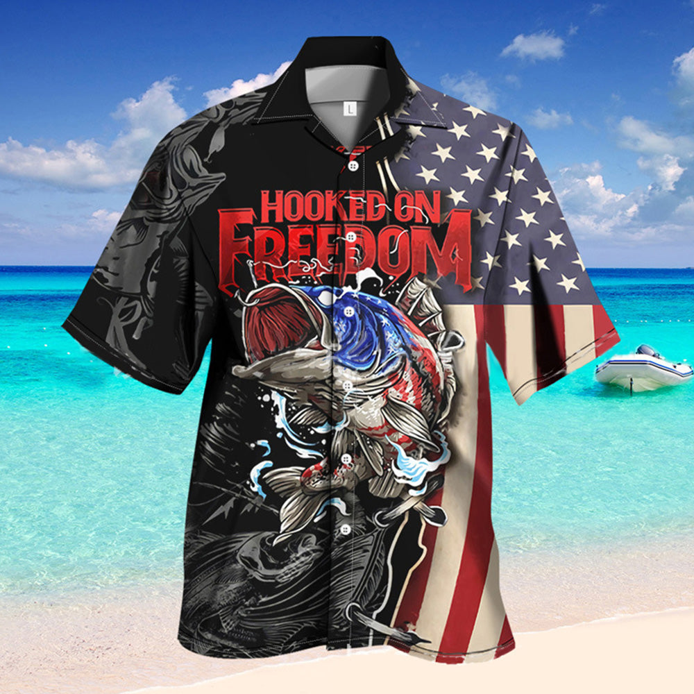 Men's Patriotic Hawaiian Shirts Independence Day Shirts - HOOKED ON FREEDOM - aiprintlab