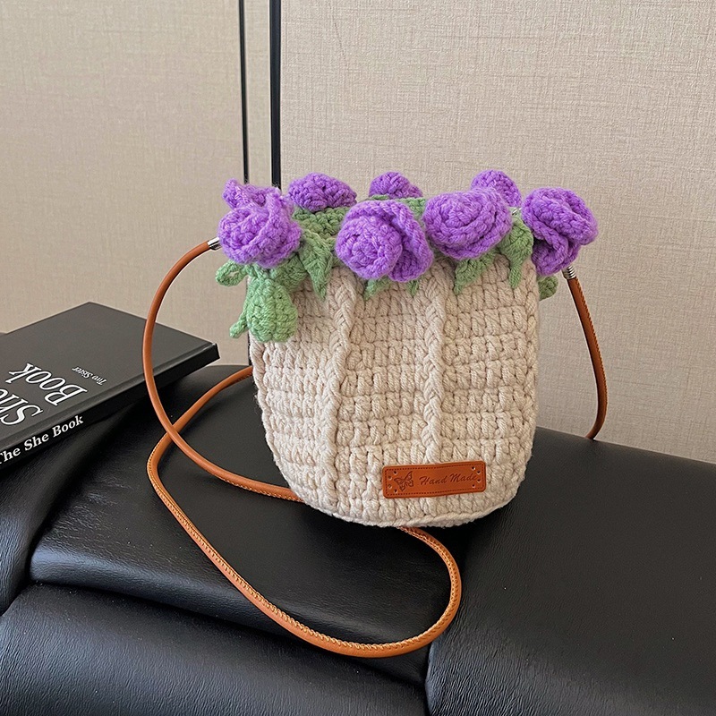 Hand-Knitted Rose Top Mini Shoulder Bag Cute Crocheted Drawstring Purse Floral Crochet Mini Bag Handmade Rose Detail Crossbody Purse - aiprintlab