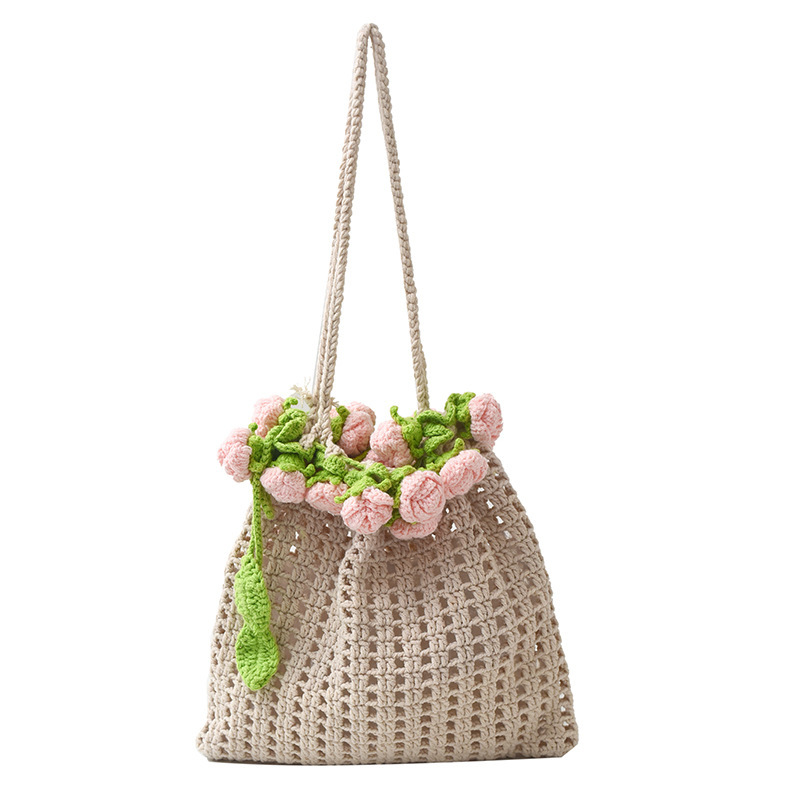 Hand-Crocheted Rose Drawstring Tote Bag Artisan Handmade Boho Crochet Tote Bag with Floral Detail Rose Drawstring Shoulder Bag - aiprintlab