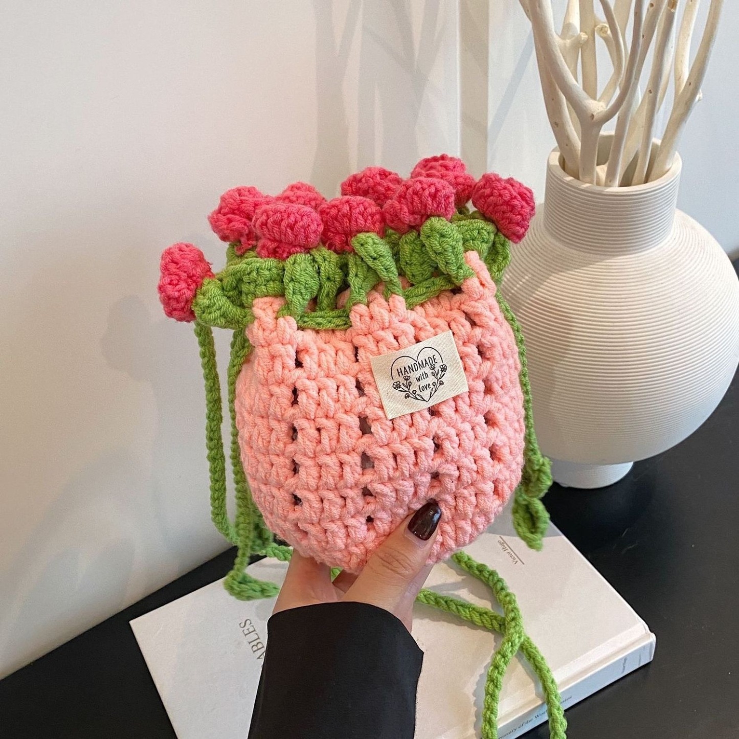 Hand-Knitted Rose Design Mini Bucket Bag Crocheted Flower Drawstring Bag Cute Crocheted Rose Bucket Bag - aiprintlab