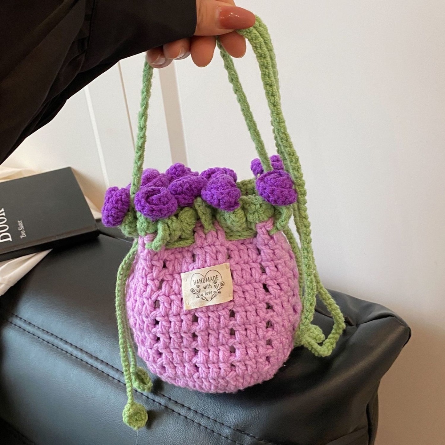 Hand-Knitted Rose Design Mini Bucket Bag Crocheted Flower Drawstring Bag Cute Crocheted Rose Bucket Bag - aiprintlab