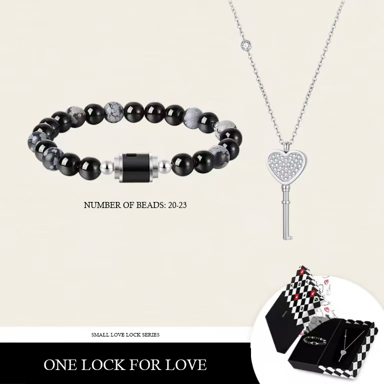 "One Lock for Love" Matching Crystal Bracelet & Key Necklace Set Natural Agate Bracelet with Key Necklace for Couples - aiprintlab