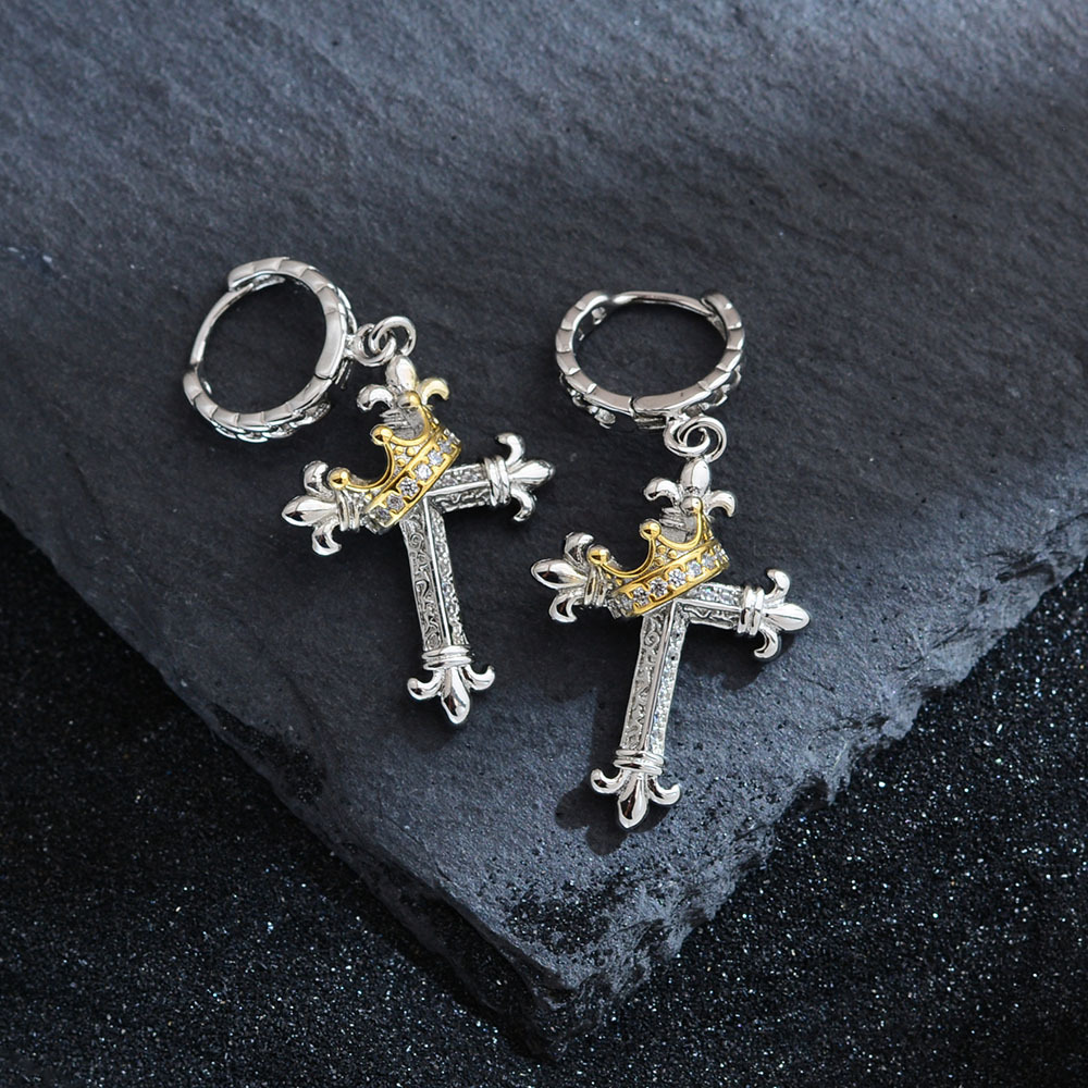 Rotating Crown Cross Dangle Earrings Majestic Cross Drop Earrings Crown Embellished & Rotatable - aiprintlab