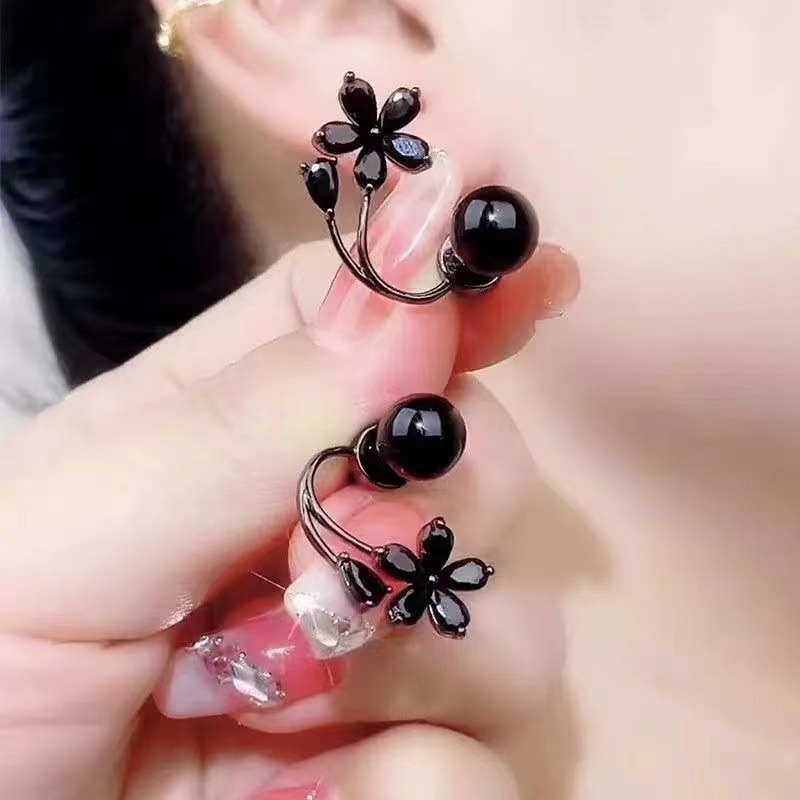 Black Pearl & Flower Ear Jacket Earrings, Modern Floral Stud Earrings Two-Way Floral Earring Jackets, Black Pearl Stud & Crystal Flower Design - aiprintlab