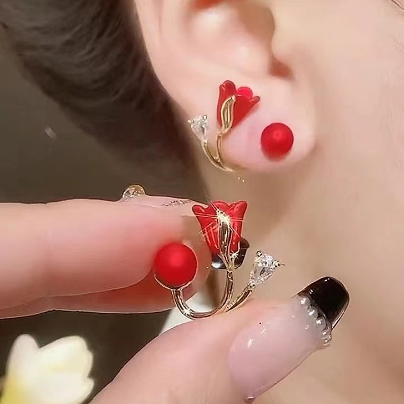 Elegant Tulip Ear Jacket Earrings, Floral Pearl & Rhinestone Studs, Two-Way Flower Ear Cuffs - aiprintlab