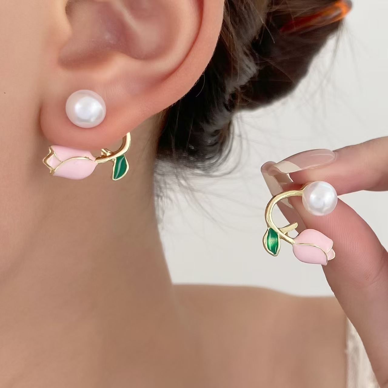Elegant Tulip Ear Jacket Earrings, Floral Pearl & Rhinestone Studs, Two-Way Flower Ear Cuffs - aiprintlab