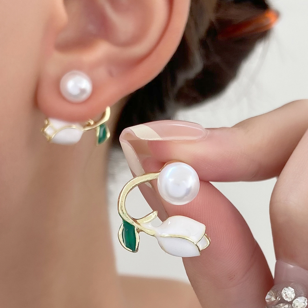 Elegant Tulip Ear Jacket Earrings, Floral Pearl & Rhinestone Studs, Two-Way Flower Ear Cuffs - aiprintlab