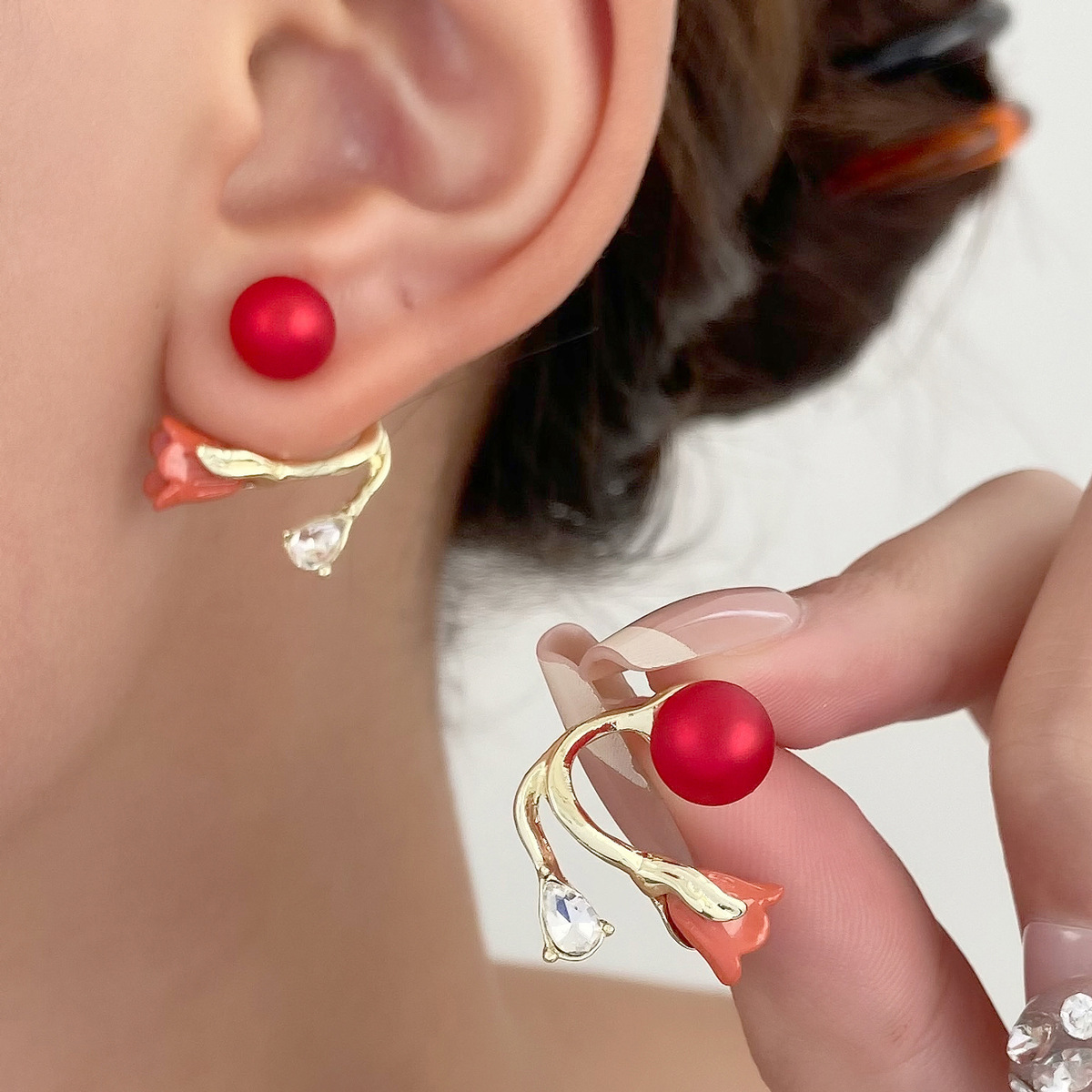 Elegant Tulip Ear Jacket Earrings, Floral Pearl & Rhinestone Studs, Two-Way Flower Ear Cuffs - aiprintlab