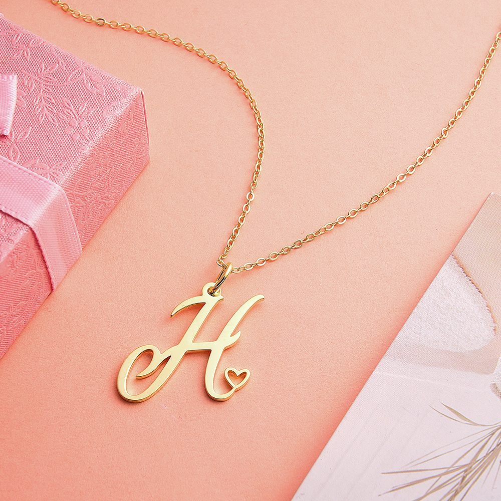 Custom Letter Necklace – Personalized Single Letter Pendant Simple Letter Necklace with Heart Accent  Gift For Women - aiprintlab