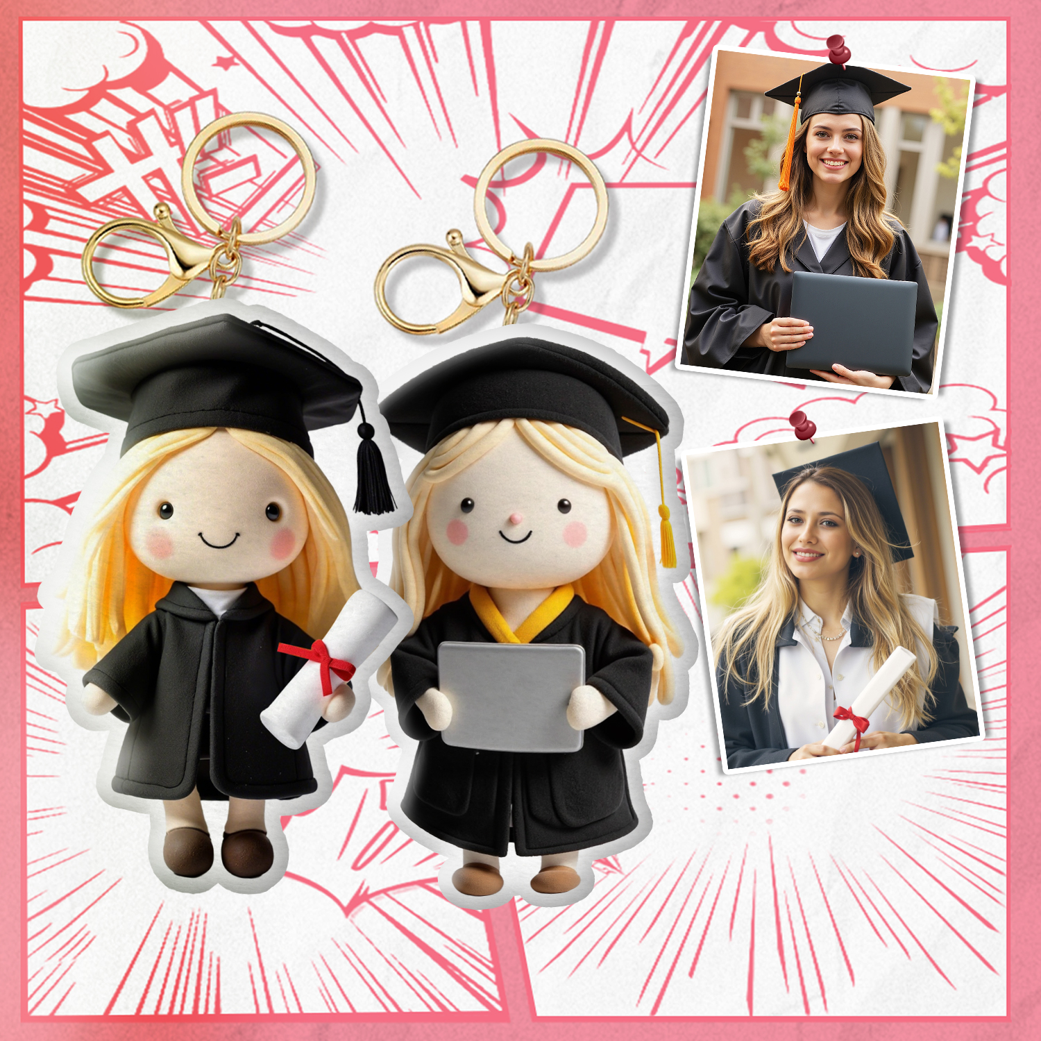 Personalized Photo Plush Doll Keychain Mini Me Plush Keychain Gifts Graduation Gift for Friend