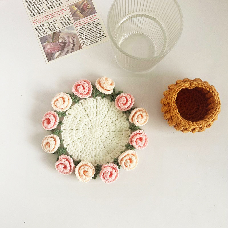 Mother's Love Gift Crochet Rose Bouquet Coaster Gift Box Transformable Flower Coasters, Creative Eco-Friendly Mother's Day Present - aiprintlab