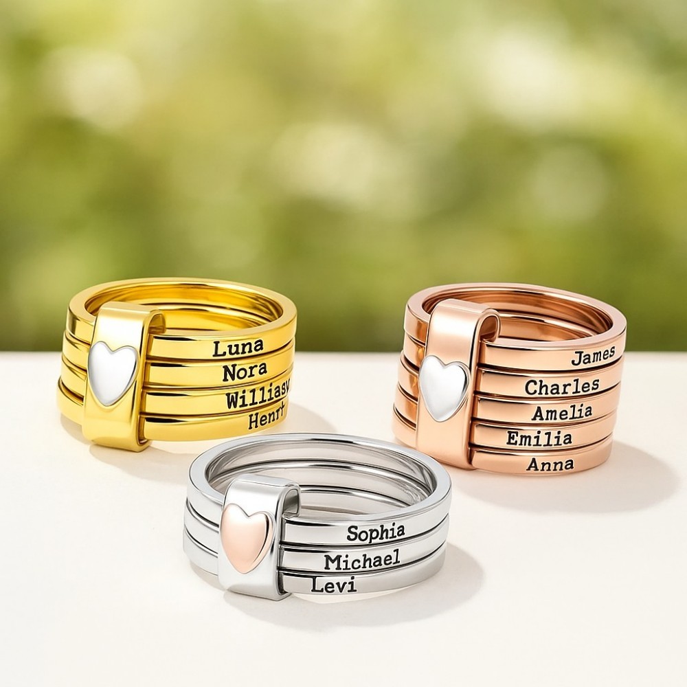 Personalized Sterling Silver Heart Name Stacking Ring Custom Engraved 2-7 Names Jewelry, Perfect Christmas, Valentine's & Birthday Gift for Mom Grandma - aiprintlab