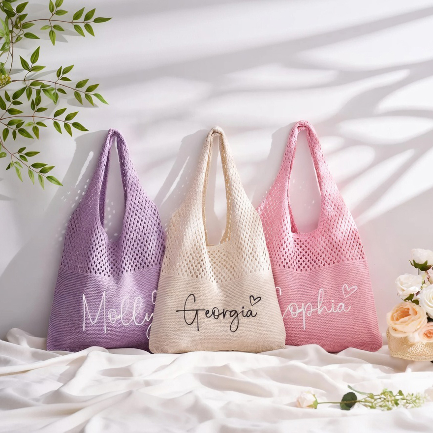 Personalized Name Crochet Tote Bag Custom Script Name Crochet Shoulder Bag Hand Knit Summer Beach Bag Gifts for Her