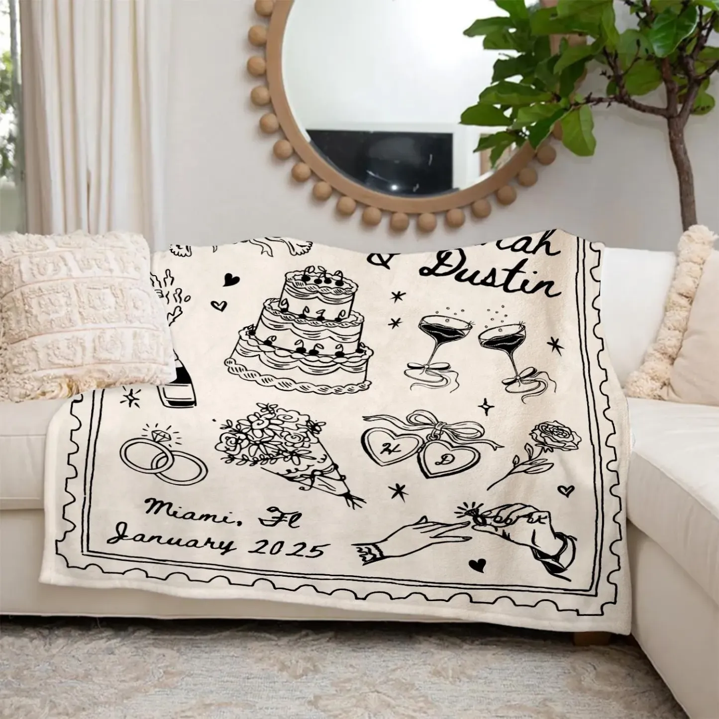 Personalized Whimsical Wedding Woven Blanket Custom Couple Names and Date Cotton Throw Gift for Newlyweds