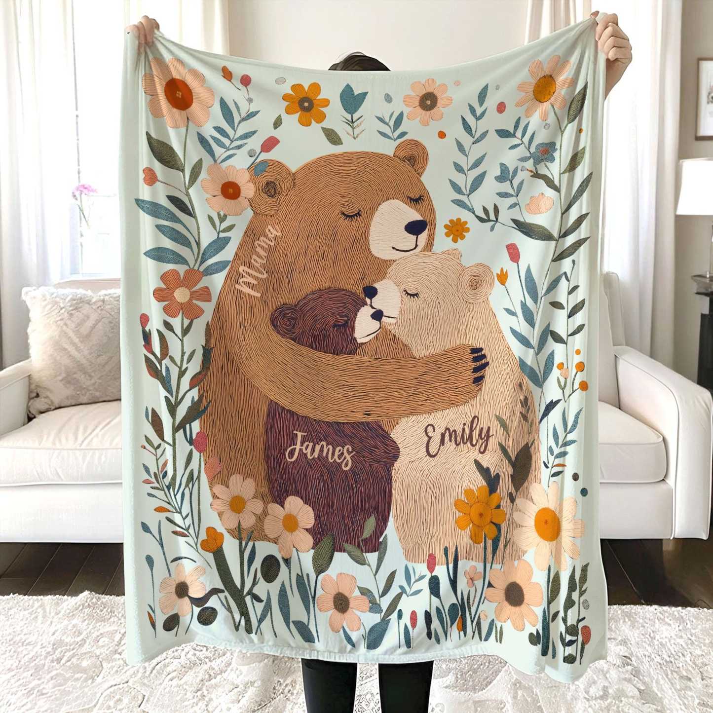 Personalized Mama Bear and Cubs  Blanket Custom Bear Family Blanket Mama Bear Throw Blanket Mother's Day Gift
