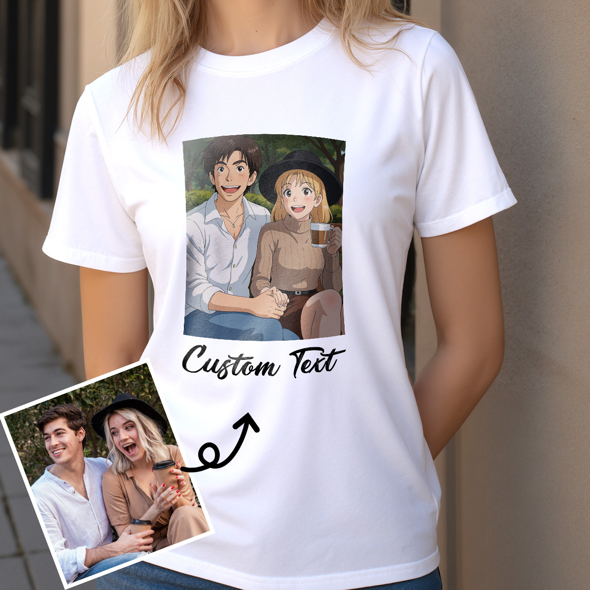 Personalized Anime Portrait Tshirt with Custom Text, Cartoon Style Drawing Shirt, Gift for Mom Dad Kids from Photo, Custom Gibli Art
