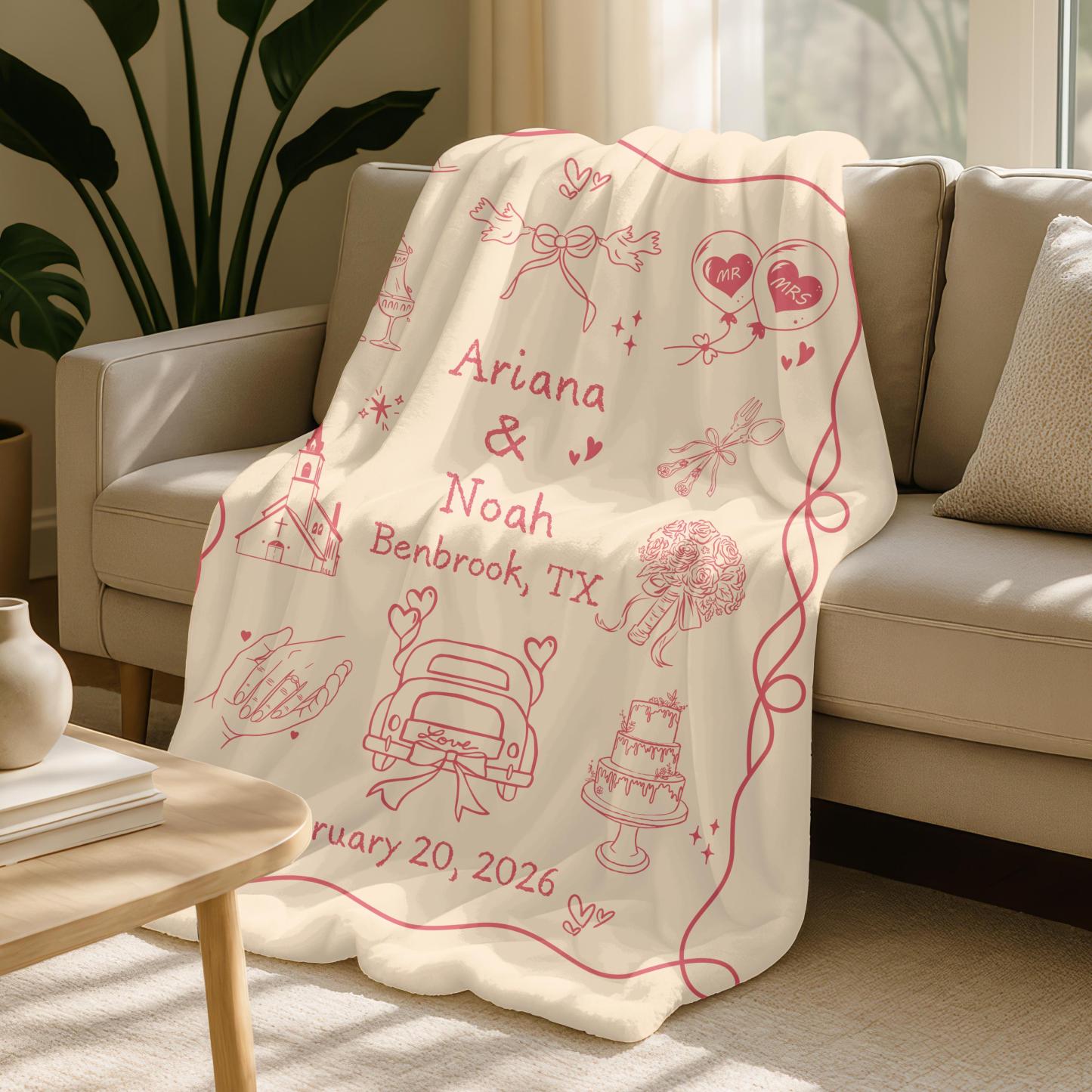 Custom Whimsical Married  Blanket Personalized Names and Wedding Date Cotton Throw Fun Couple Gift for Newlyweds
