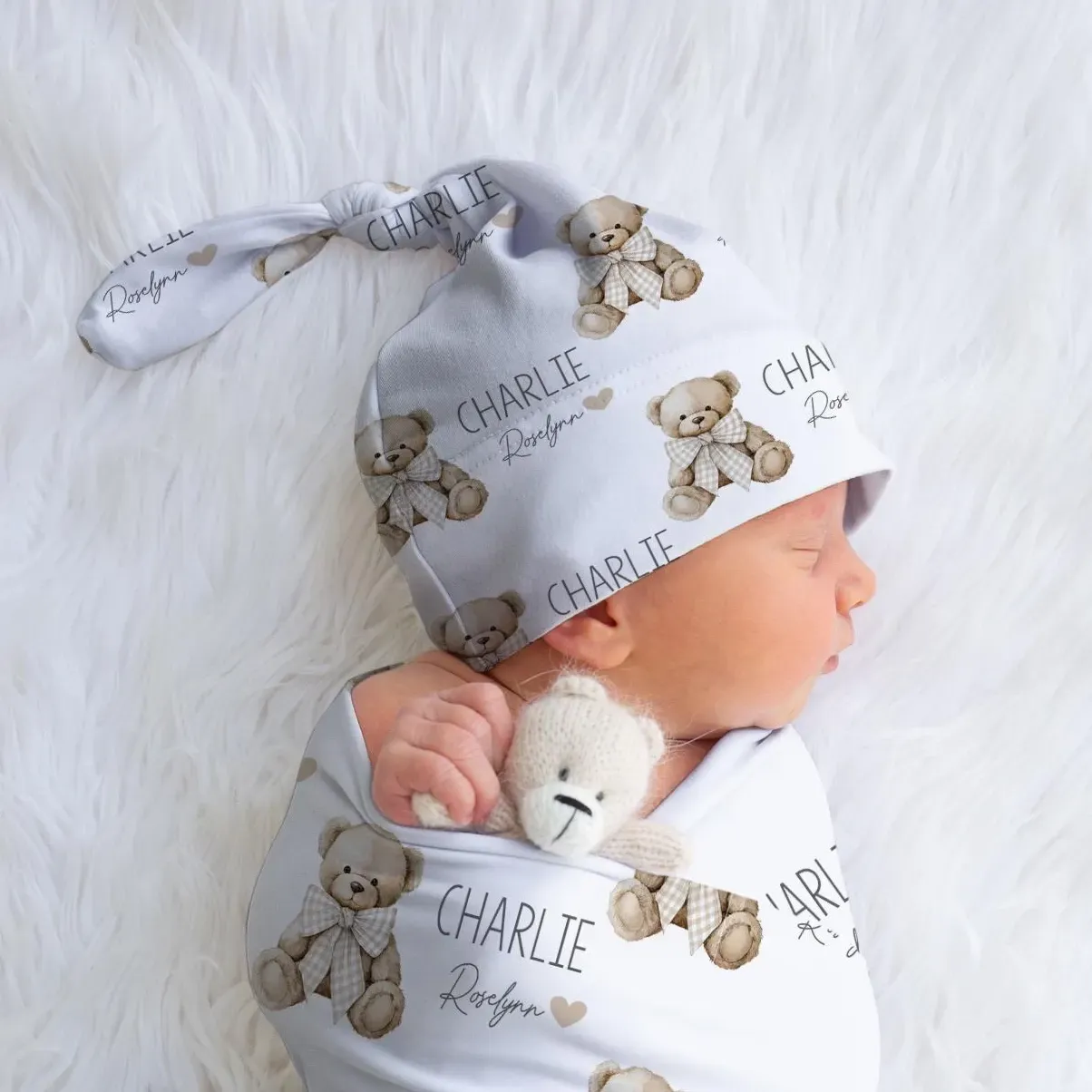 Personalized Name Teddy Bear Swaddle Custom Name Baby Blanket Newborn Coming Home Gift for New Mom
