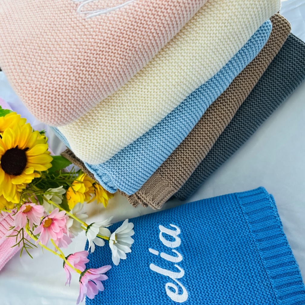 Personalized Embroidered Name Knitted Baby Blanket Custom Knitted Throw Blanket with Personalized Embroidery Embroidered Newborn Milestone Blanket