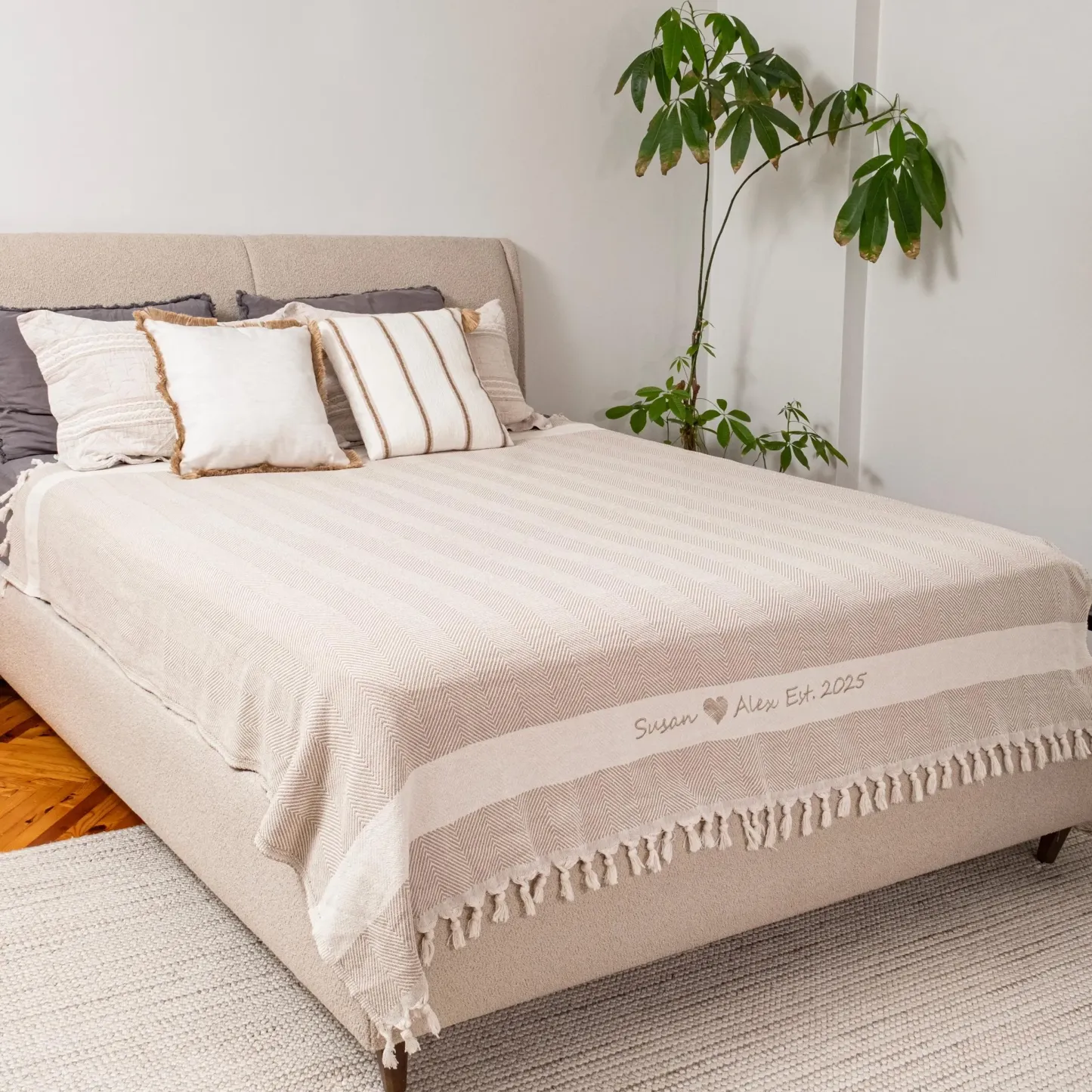 Personalized King Size Embroidered Knitted Cotton Blanket Custom Names and Date Knitted Throw Blanket for King Size Bed  Anniversary Gift