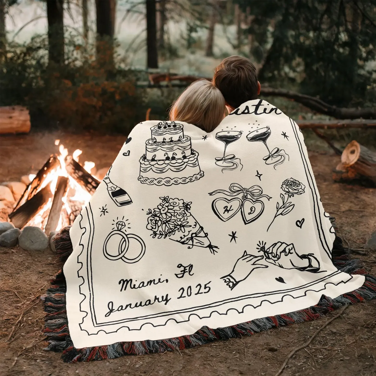 Personalized Whimsical Wedding Woven Blanket Custom Couple Names and Date Cotton Throw Gift for Newlyweds