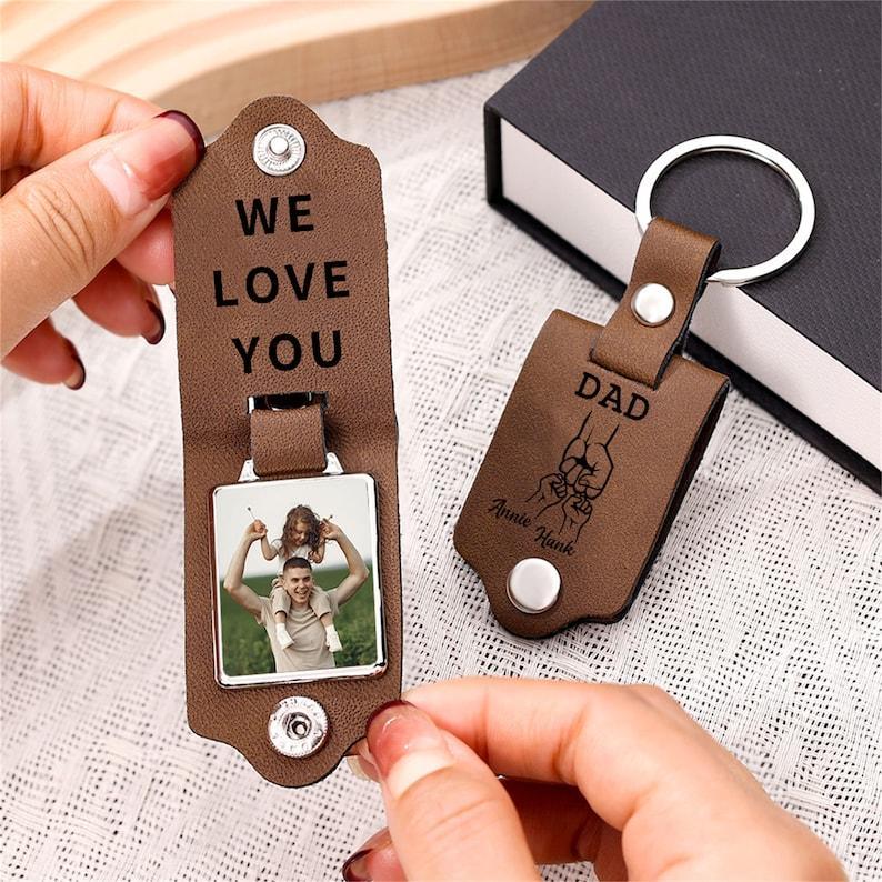 Personalized Picture Keychain for Dad, Fist Bump Custom Kids Name Keyring,Mens Leather Keychain, Anniversary Gifts for Him, Fathers Day Gift - aiprintlab
