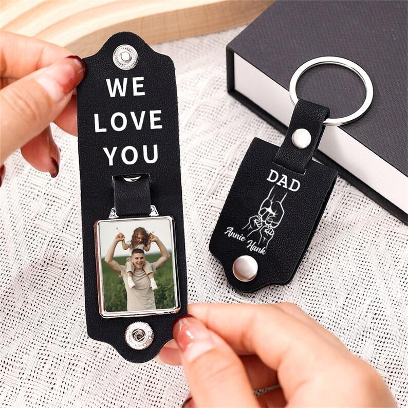 Personalized Picture Keychain for Dad, Fist Bump Custom Kids Name Keyring,Mens Leather Keychain, Anniversary Gifts for Him, Fathers Day Gift - aiprintlab