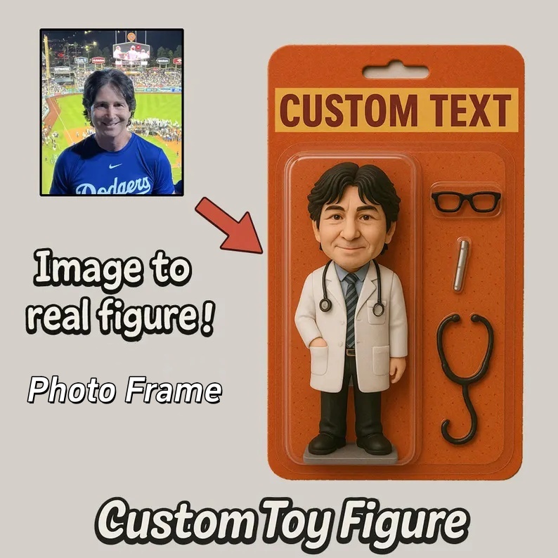 Personalized Toy Box Art Wooden Frame, Custom Toy Figure Printed Frame for Doctor