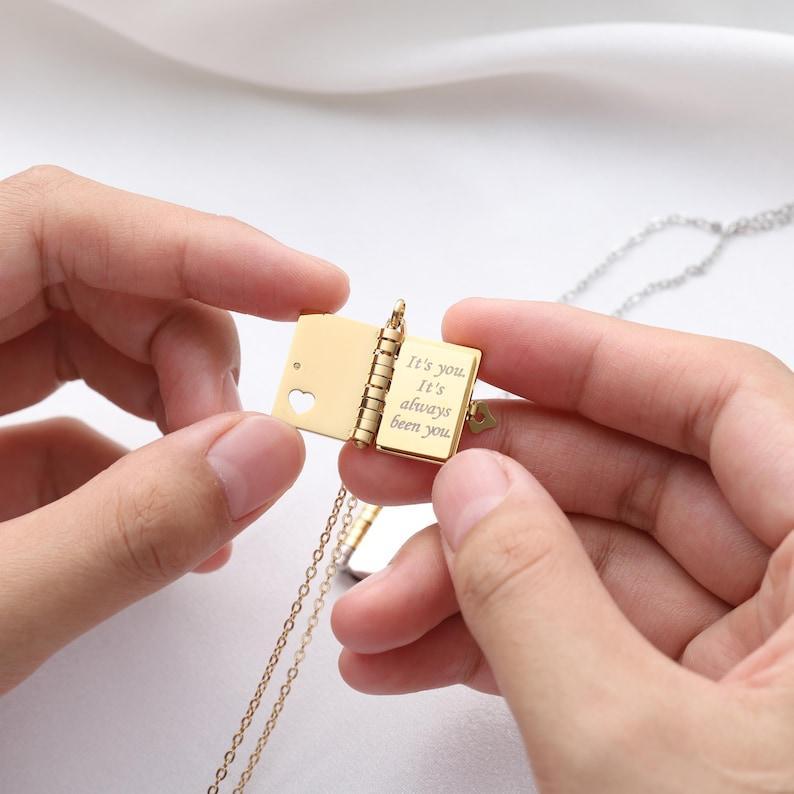 Personalized My Love Book Necklace Romantic Locket Pendant with Love Messages Inside, Adjustable Chain Jewelry Gift for Her, Valentine's or Birthday - aiprintlab