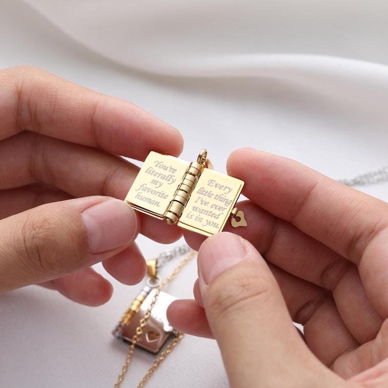 Personalized My Love Book Necklace Romantic Locket Pendant with Love Messages Inside, Adjustable Chain Jewelry Gift for Her, Valentine's or Birthday - aiprintlab