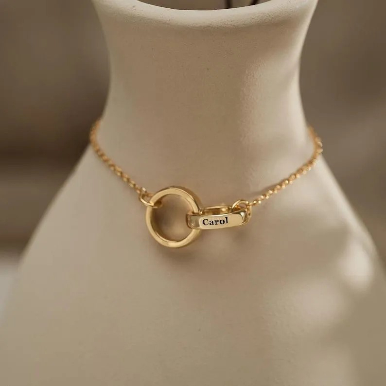 Custom Circle Name Bracelet Engraved Name Bracelet Interlocking & Circle Bracelet  Eternity Linked 2 Ring Bracelet  Anniversary Gift - aiprintlab