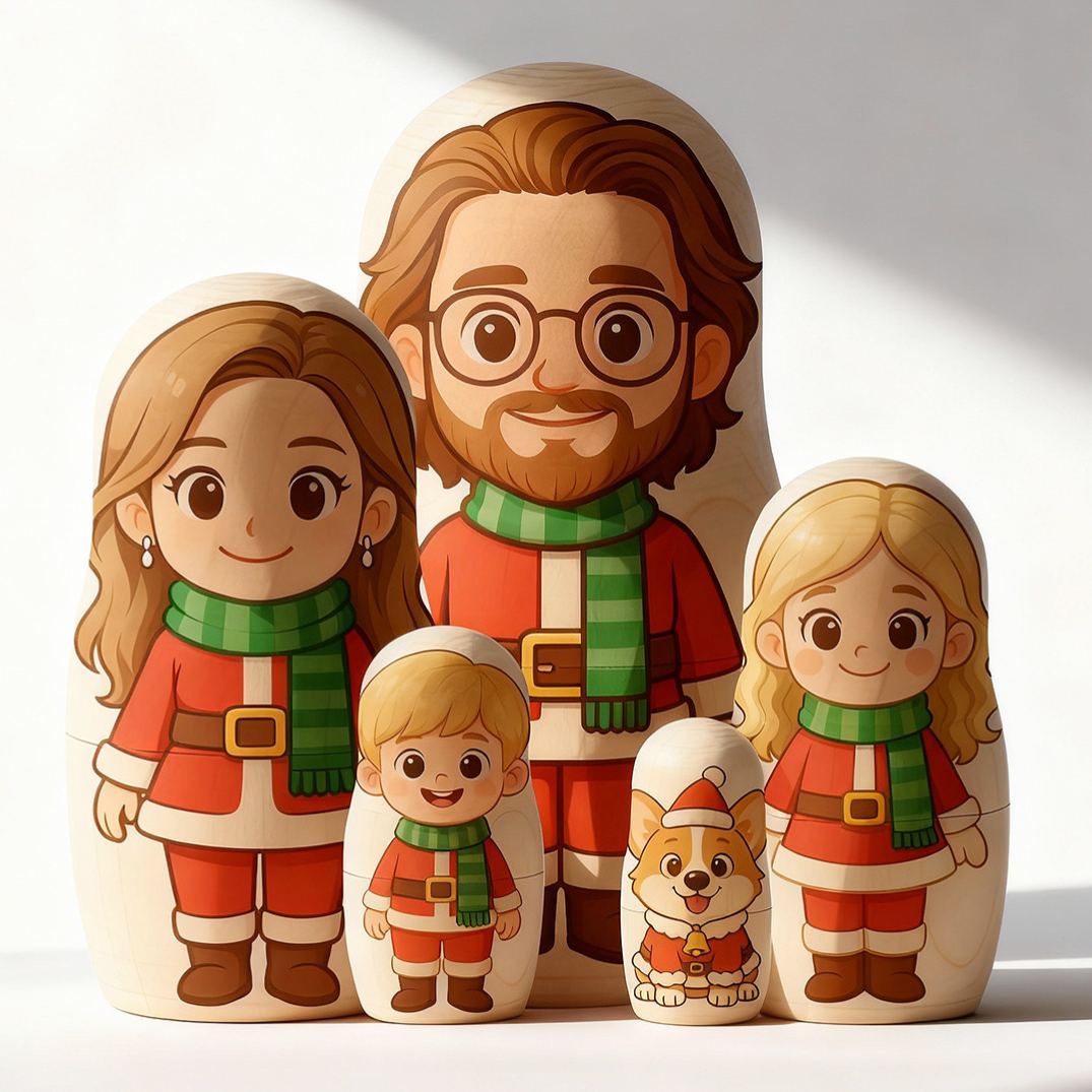 Customized Head Portrait Nesting Dolls Christmas Costume Custom Photo Family Portrait Cartoon Style Gift Photo Christmas Gift - aiprintlab