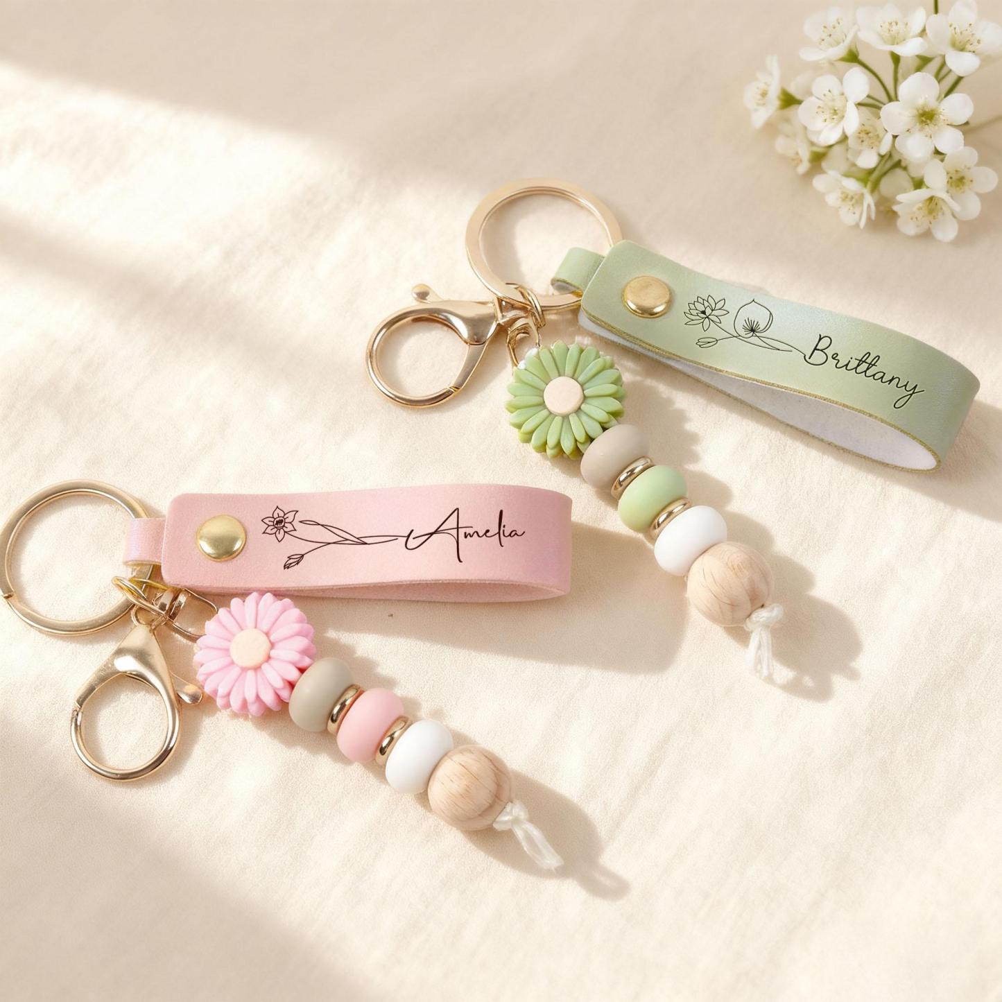 Personalized Name Leather Keychain Custom Name Birth Flower Keyring Daily Accessory Gift for Her