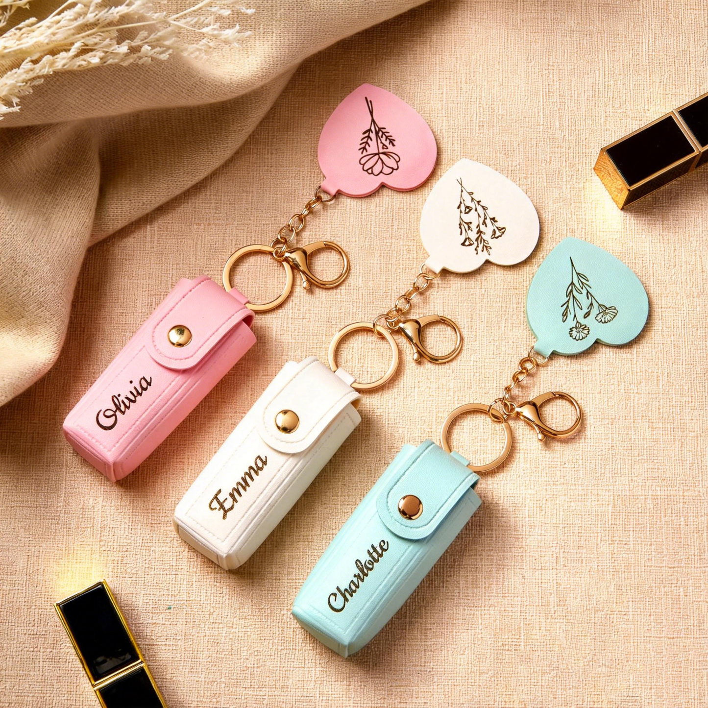 Personalized Lipstick Bag Keychain Custom Name Anti Lost Lipstick Storage Bag Lipstick Case with Mirror Gift for Her - aiprintlab