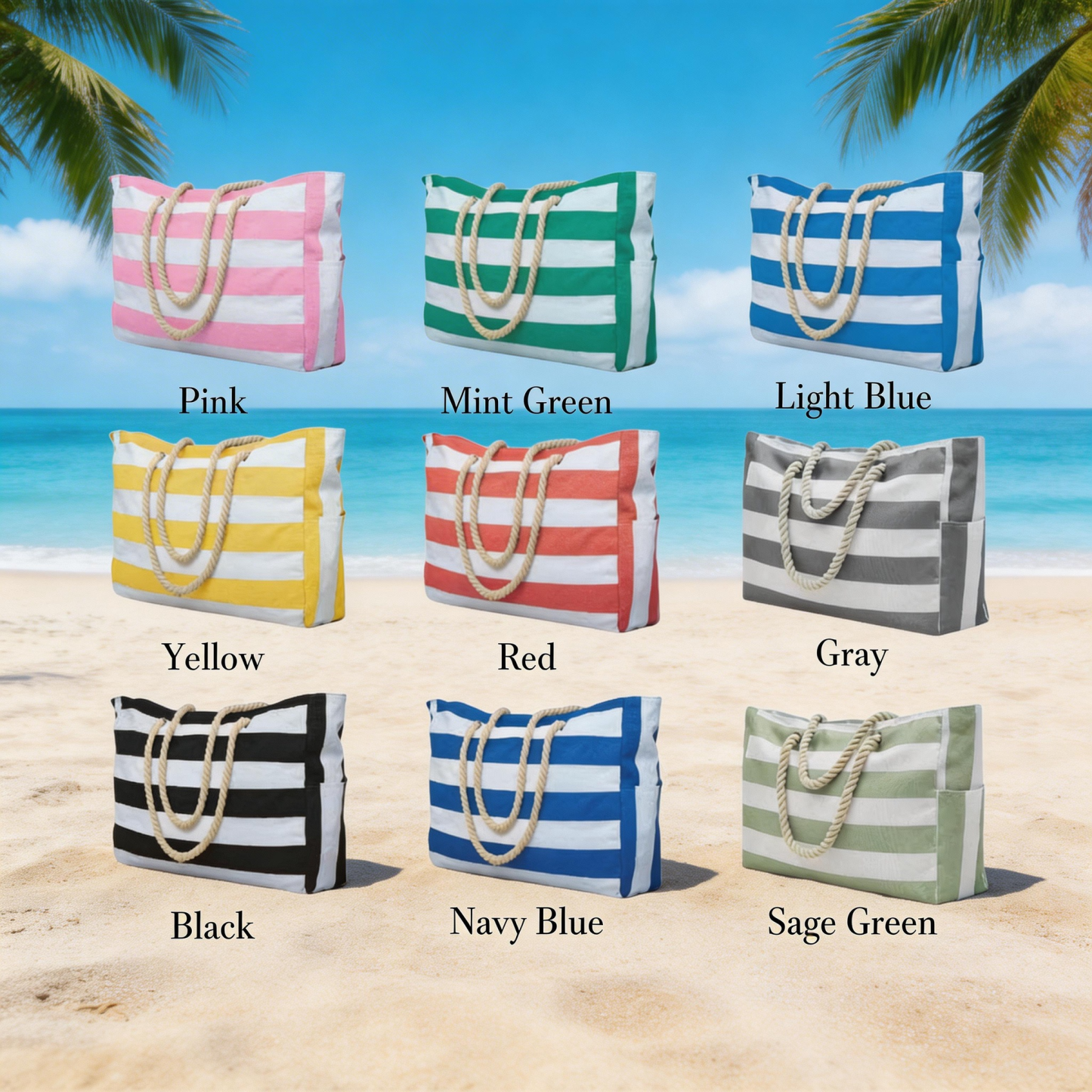 Personalized Name Striped Beach Tote Custom Name Canvas Bag Monogram Summer Vacation Gift for Her