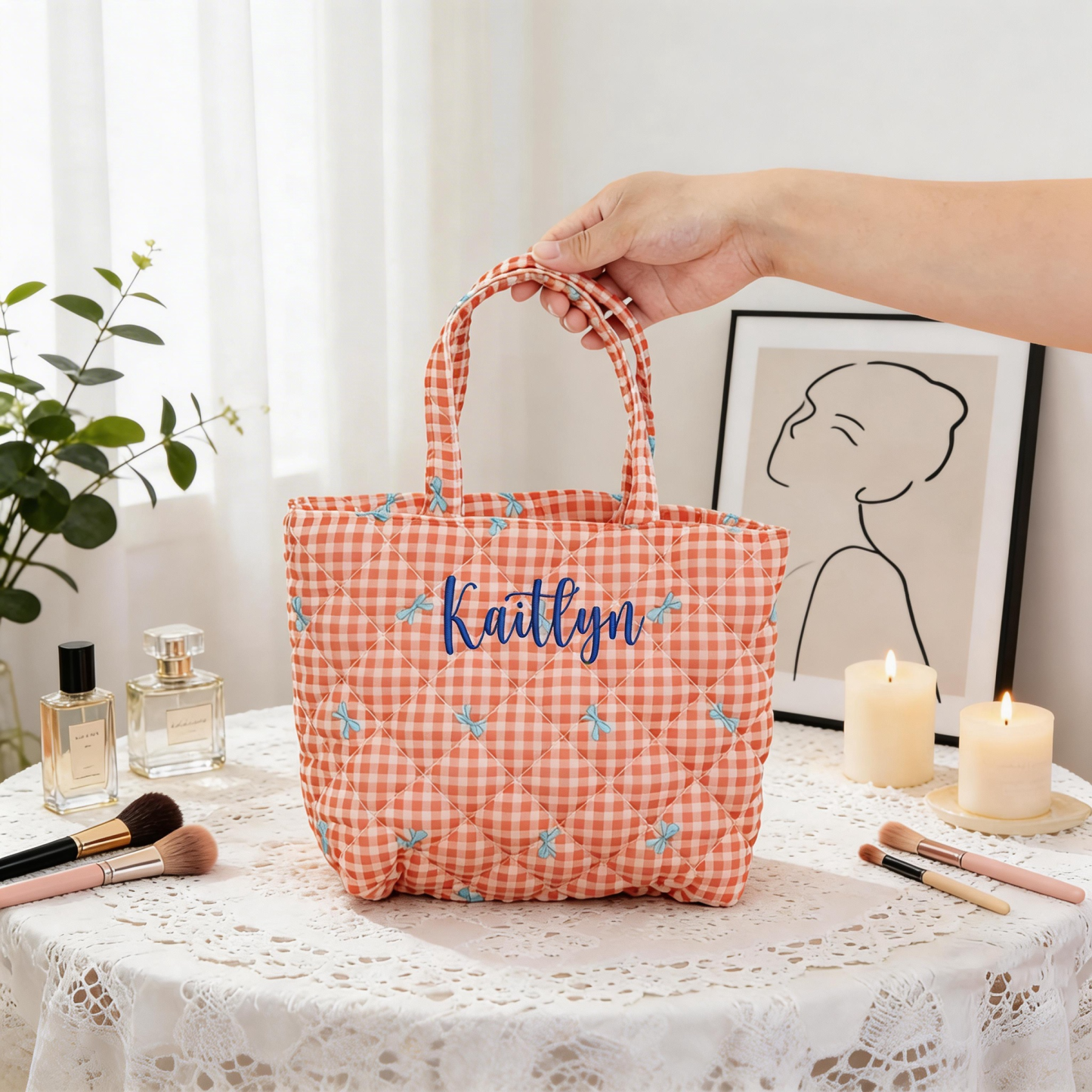 Personalized Name Block Print Tote Bag Custom Name Floral Carryall Handbag Summer Holiday Gift for Her