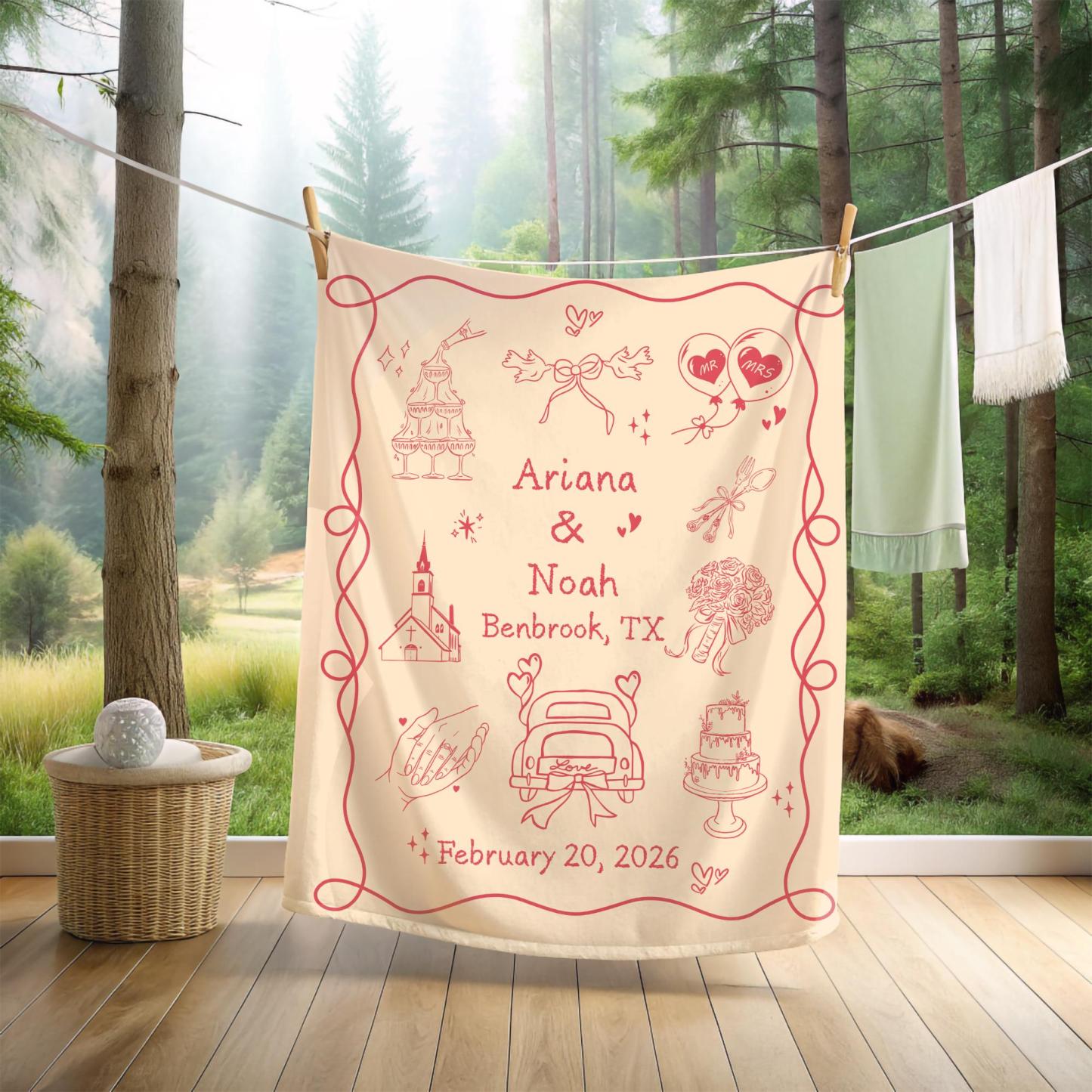 Custom Whimsical Married  Blanket Personalized Names and Wedding Date Cotton Throw Fun Couple Gift for Newlyweds