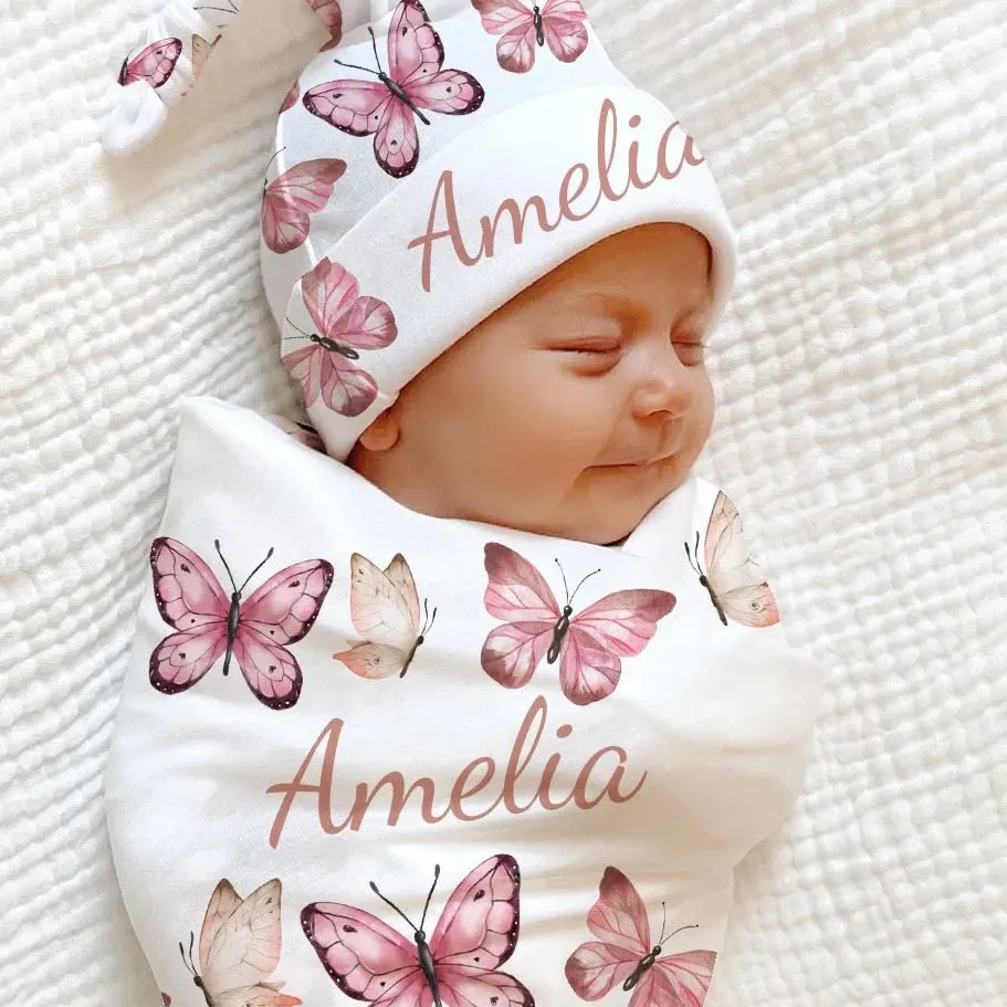 Personalized Name Butterfly Swaddle Custom Name Baby Blanket Pink Nursery Gift for New Mom