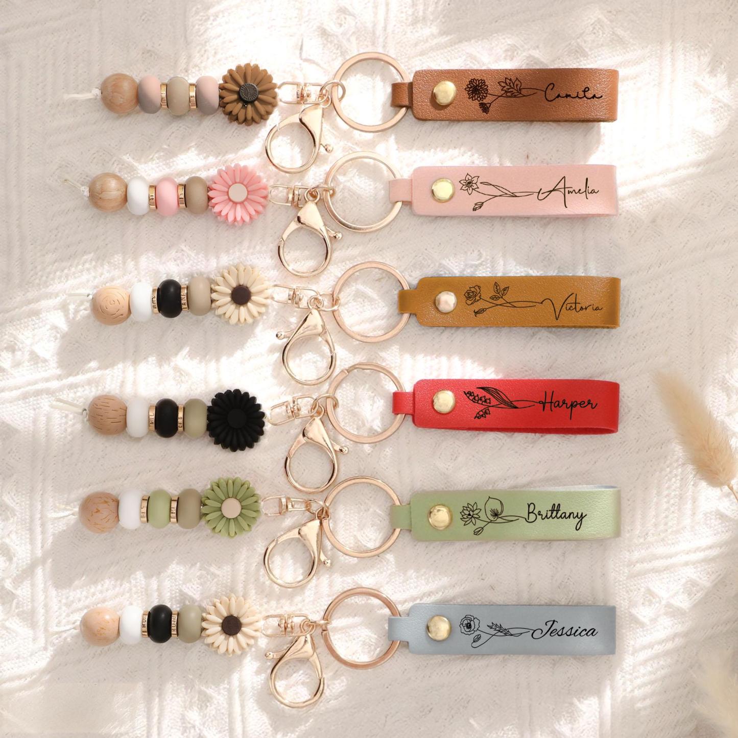 Personalized Name Leather Keychain Custom Name Birth Flower Keyring Daily Accessory Gift for Her