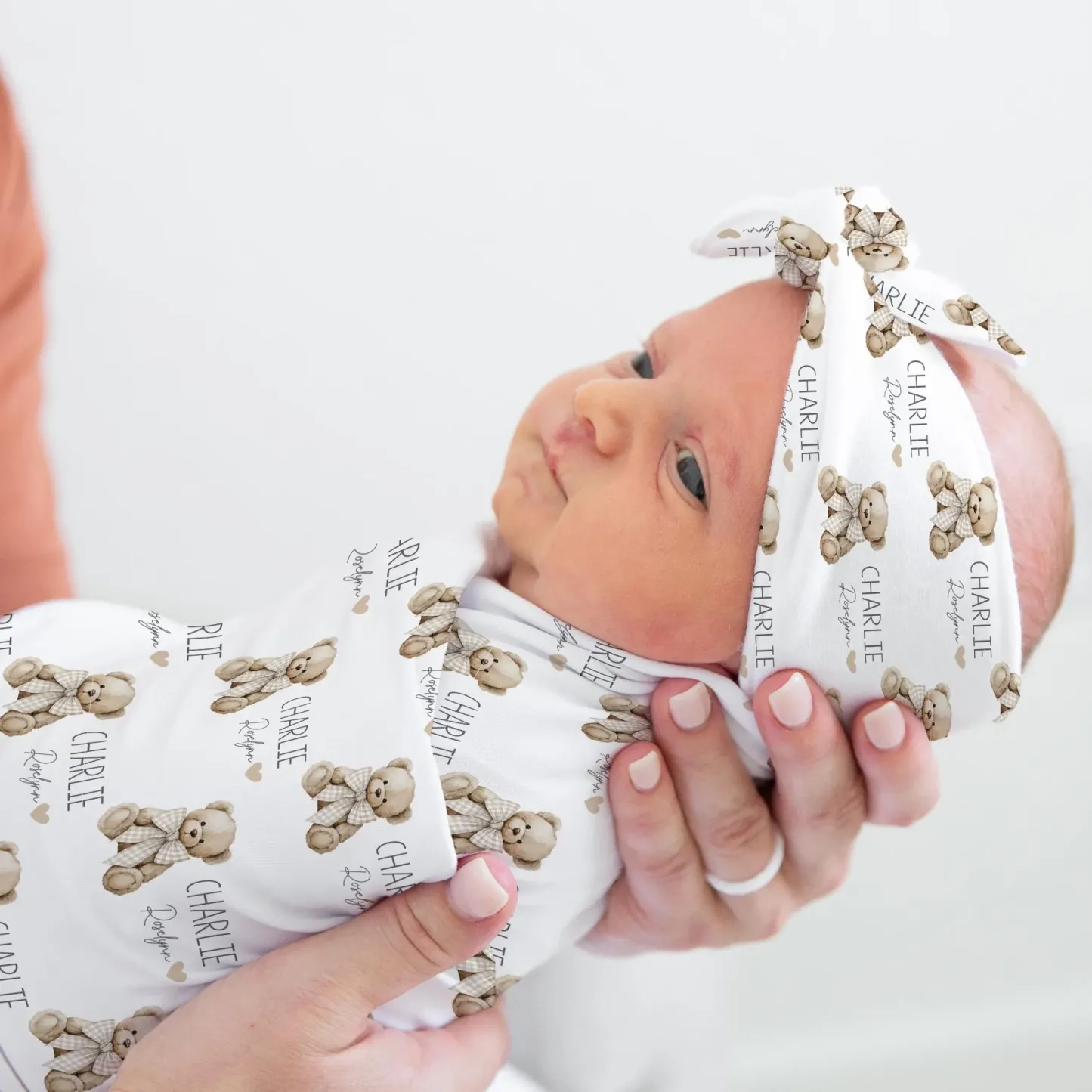 Personalized Name Teddy Bear Swaddle Custom Name Baby Blanket Newborn Coming Home Gift for New Mom