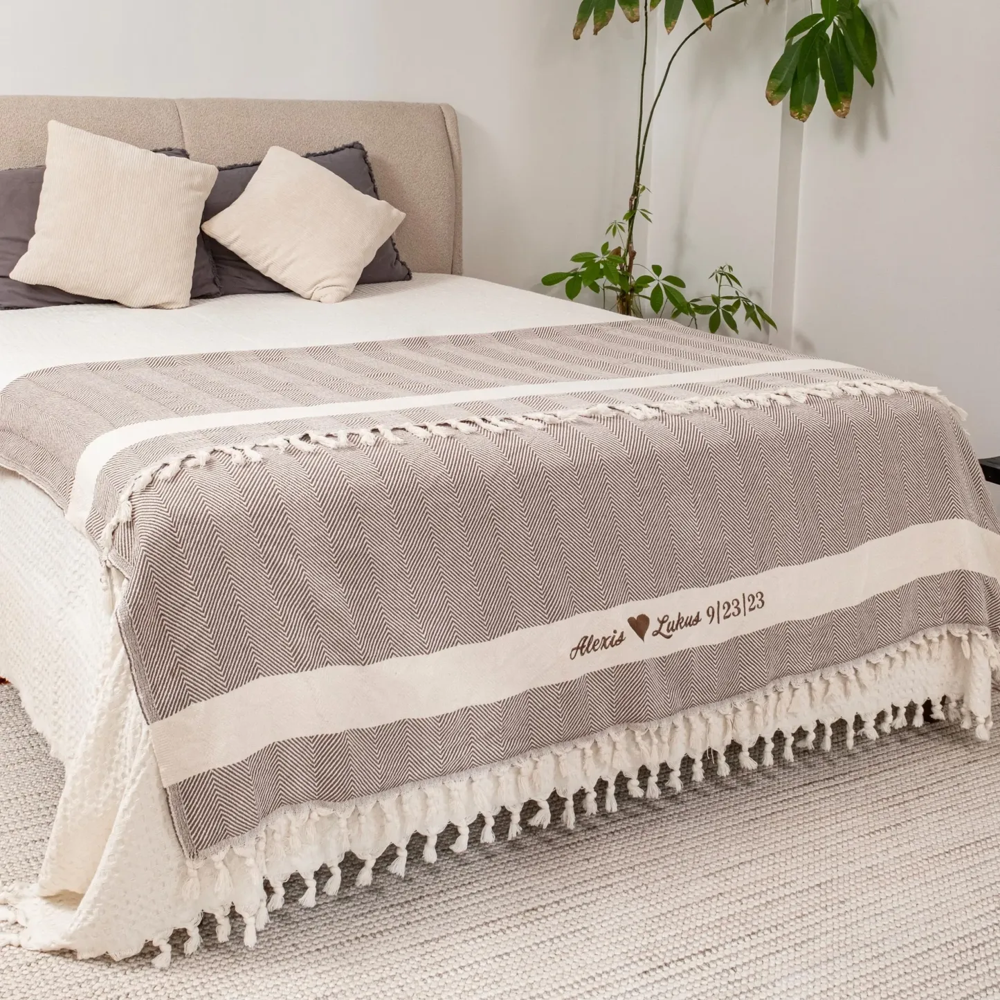 Personalized King Size Embroidered Knitted Cotton Blanket Custom Names and Date Knitted Throw Blanket for King Size Bed  Anniversary Gift