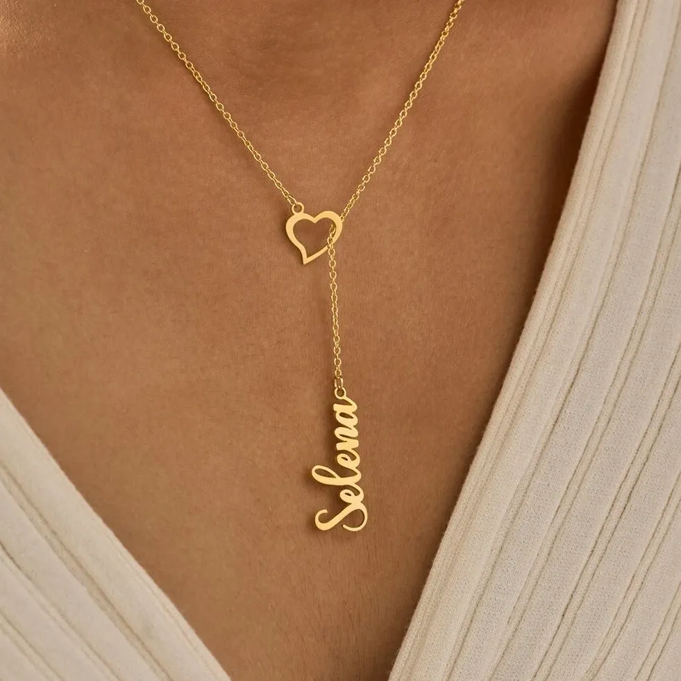 Custom Heart Name Lariat Necklace for Women Personalized Y Necklace with Name and Heart Charm Valentine's Day Gift - aiprintlab