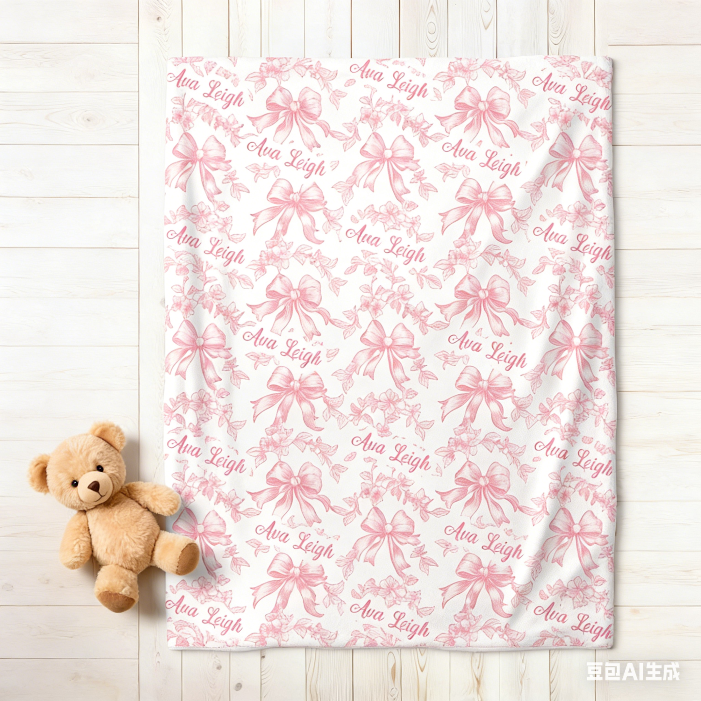 Personalized Name Pink Toile Swaddle Custom Name Ribbon Baby Blanket Newborn Coming Home Gift for Baby Girl