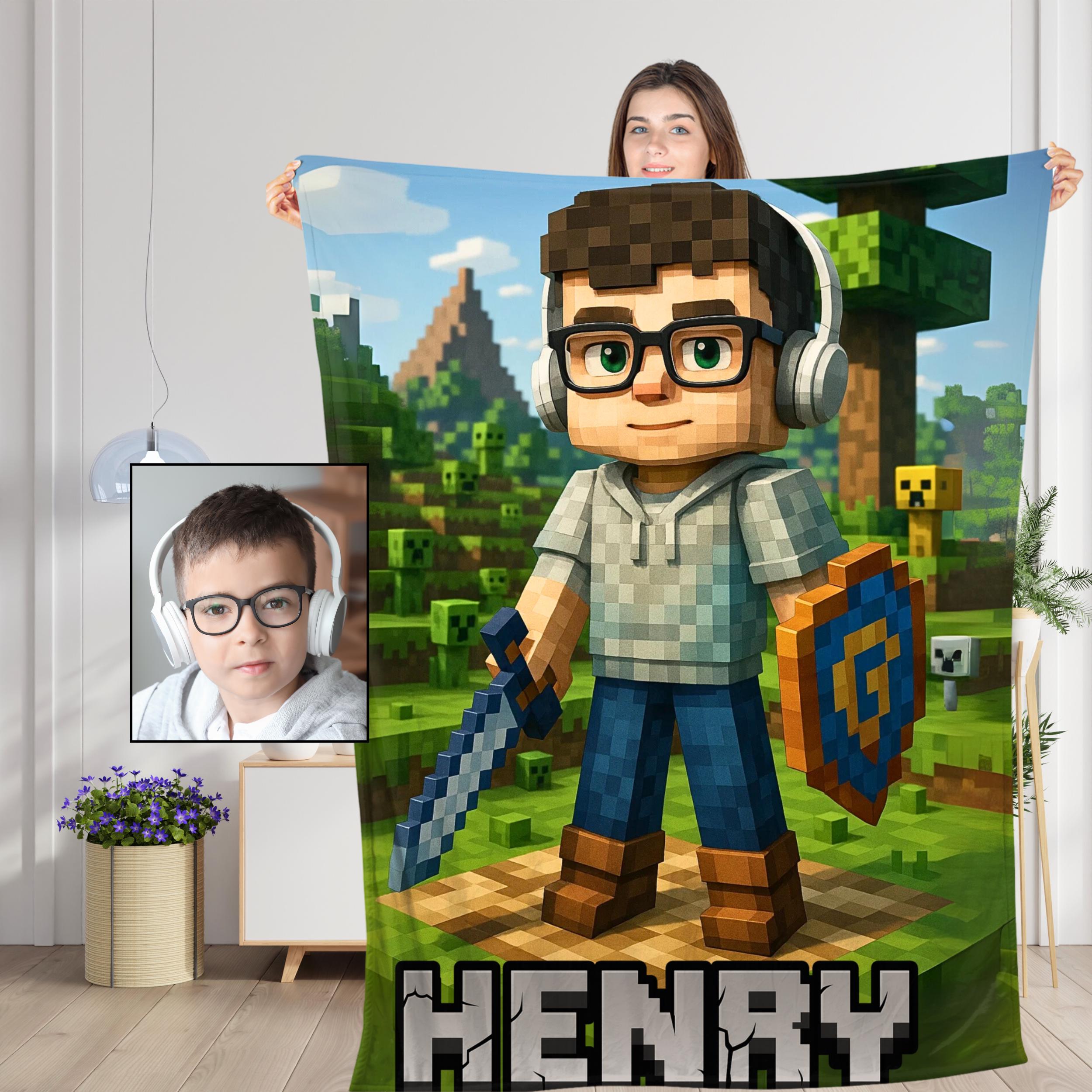 Personalized Photo to Pixel Character Blanket Custom Name Block World Fleece Blanket Photo Transformation Pixel Art Throw Gifts for Kids