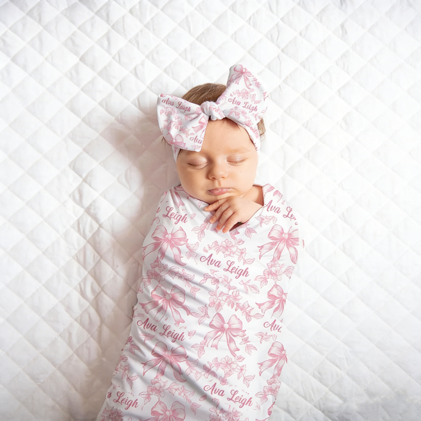 Personalized Name Pink Toile Swaddle Custom Name Ribbon Baby Blanket Newborn Coming Home Gift for Baby Girl