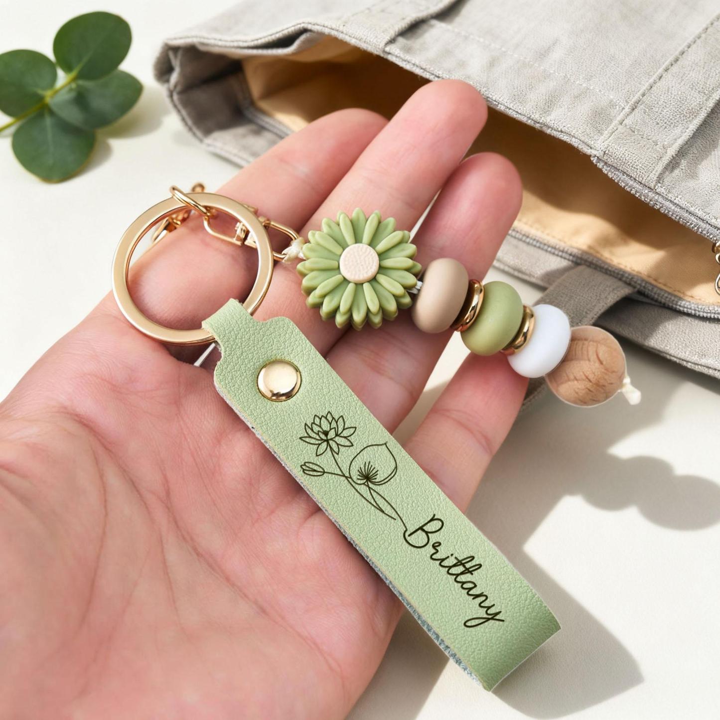 Personalized Name Leather Keychain Custom Name Birth Flower Keyring Daily Accessory Gift for Her