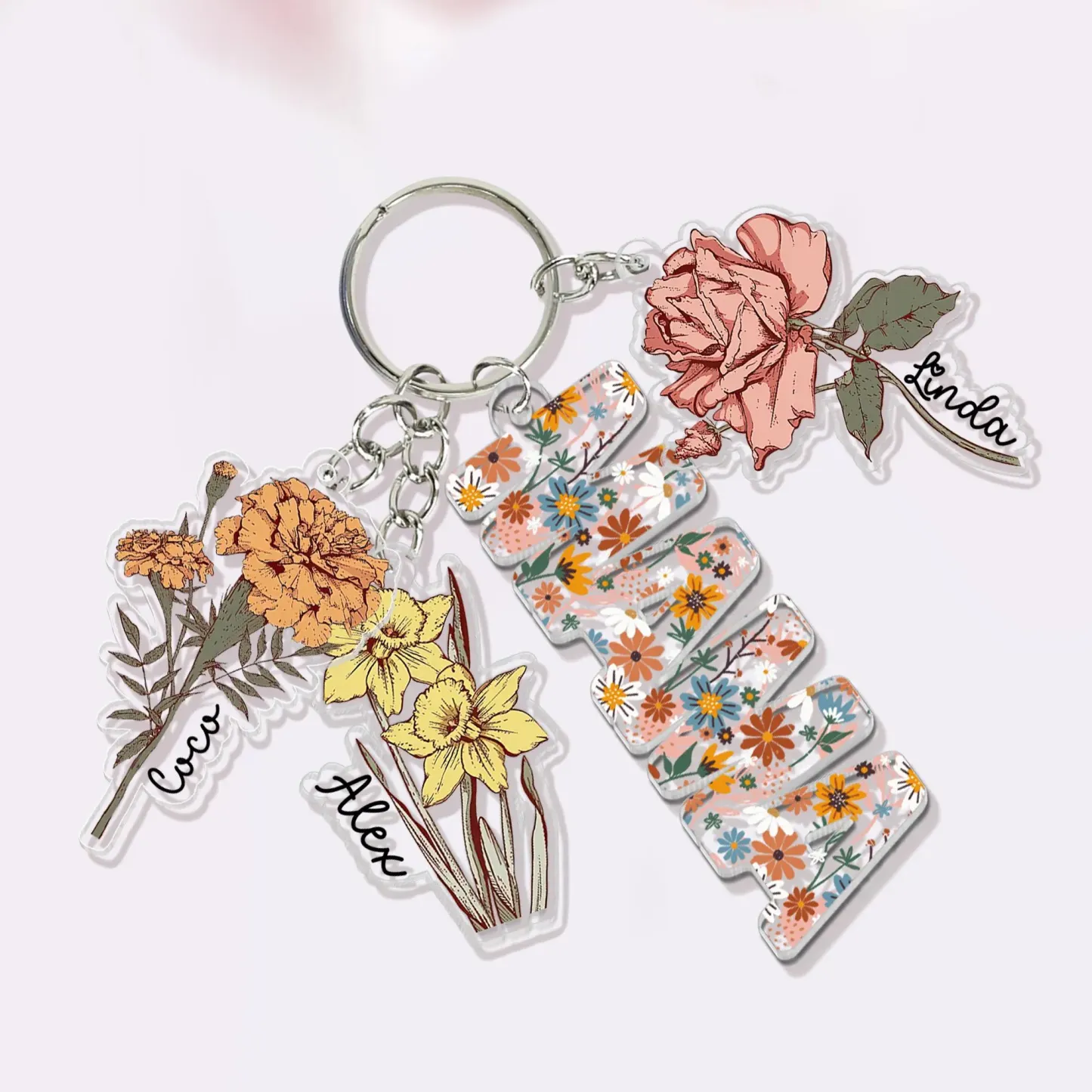 Personalized Family Birth Flower Keychain Custom Name Acrylic Keyring Floral Mother's Day Gift for Her