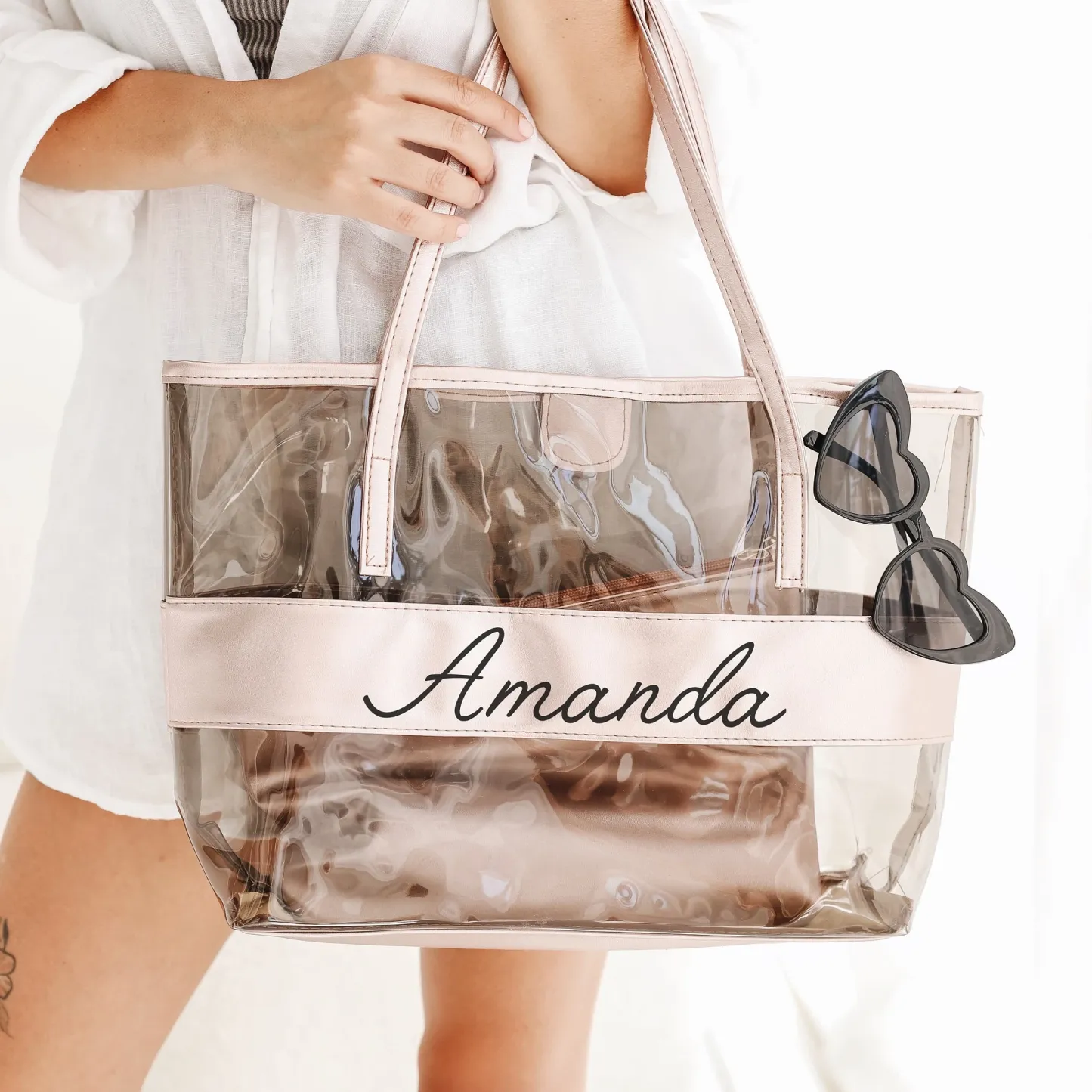 Personalized Clear Tote Bag Custom Name Transparent Shoulder Bag Personalized Reusable Beach Tote Bag Gifts for Her