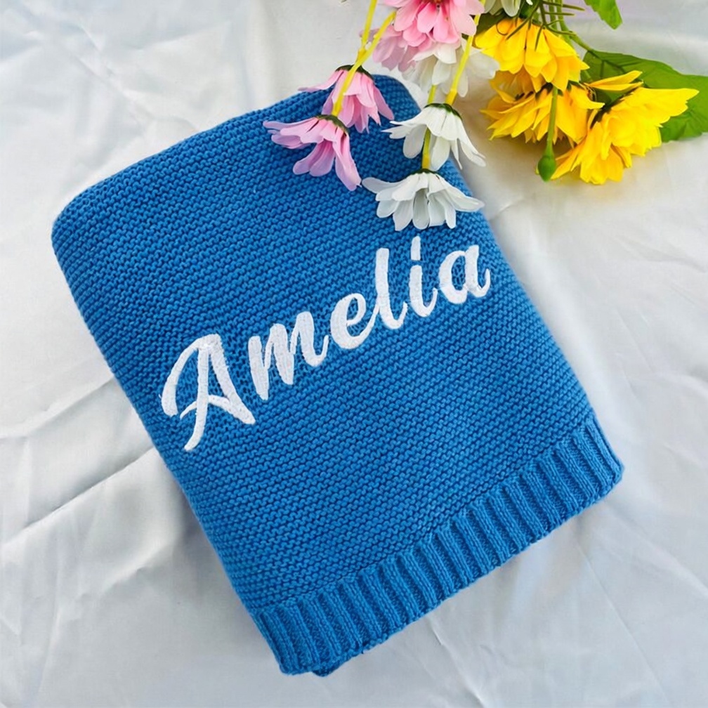 Personalized Embroidered Name Knitted Baby Blanket Custom Knitted Throw Blanket with Personalized Embroidery Embroidered Newborn Milestone Blanket
