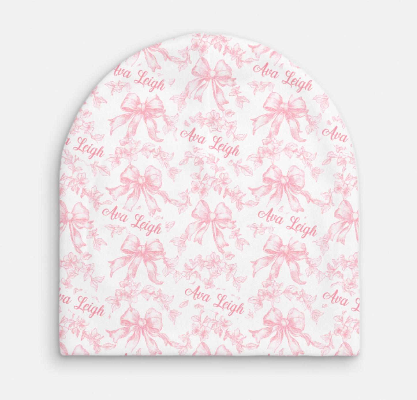 Personalized Name Pink Toile Swaddle Custom Name Ribbon Baby Blanket Newborn Coming Home Gift for Baby Girl